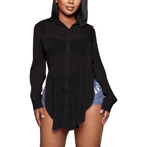 Rooscier Women's Sexy Sheer Collar V Neck Side Slit Long Sleeve Button Shirt Blouse Top