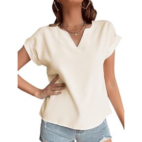 LYANER Women's Casual Notched V Neck Rolled Short Sleeve Work Blouse T-Shirt Top