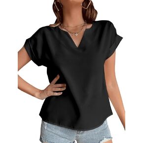 LYANER Women's Casual Notched V Neck Rolled Short Sleeve Work Blouse T-Shirt Top