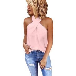 Women's Summer Fashion Blouse Off Shoulder Cross Neckline Sleeveless Shirt Tops