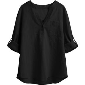 HOTOUCH Linen Shirts for Women Cotton Long Sleeve Button Down Blouses V Neck Casual Loose Work Casual Summer Tops