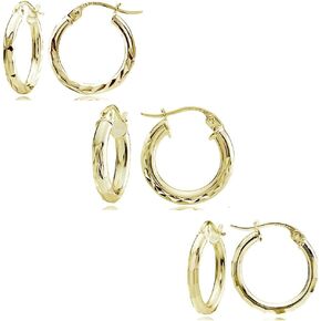 Hoops & Loops 925 Sterling Silver Diamond-Cut 15mm Round Hoop Earrings for Women & Teen Girls, Set of 3 | Silver, Yellow Gold, Rose Gold