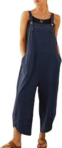 Perbai Womens Summer Cotton Casual Summer Baggy Overalls Loose Fit Wide Leg Jumpsuits Bibs with Pockets in Kuwait