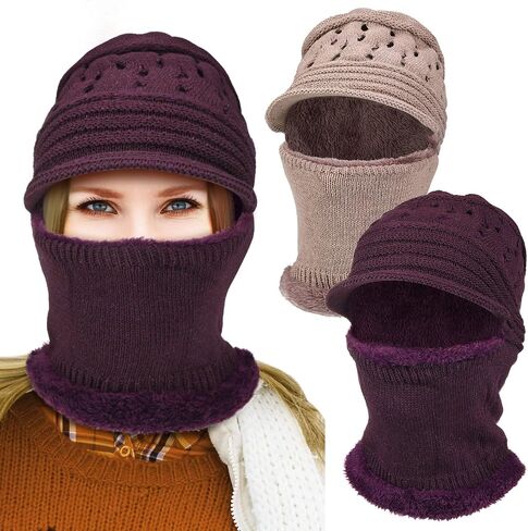 2 Pieces Womens Beanie Knit Hat, Winter Hat Scarf Mask Set for Women Fleece Lined Beanie Hat Warm Winter Knitted Hat Skull Cap for Outdoor, Purple and Khaki in Saudi Arabia