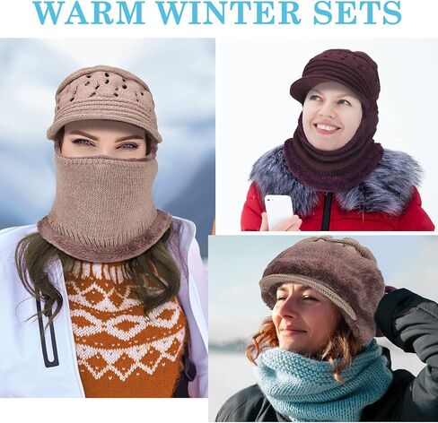 2 Pieces Womens Beanie Knit Hat, Winter Hat Scarf Mask Set for Women Fleece Lined Beanie Hat Warm Winter Knitted Hat Skull Cap for Outdoor, Purple and Khaki in Saudi Arabia