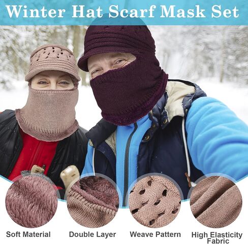 2 Pieces Womens Beanie Knit Hat, Winter Hat Scarf Mask Set for Women Fleece Lined Beanie Hat Warm Winter Knitted Hat Skull Cap for Outdoor, Purple and Khaki in Saudi Arabia