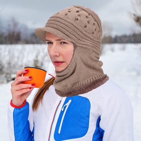 2 Pieces Womens Beanie Knit Hat, Winter Hat Scarf Mask Set for Women Fleece Lined Beanie Hat Warm Winter Knitted Hat Skull Cap for Outdoor, Purple and Khaki in Saudi Arabia
