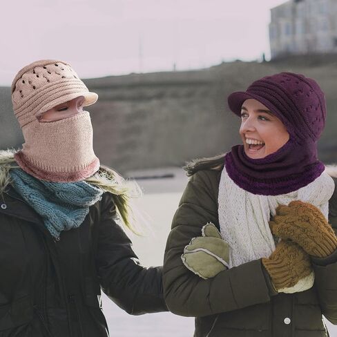 2 Pieces Womens Beanie Knit Hat, Winter Hat Scarf Mask Set for Women Fleece Lined Beanie Hat Warm Winter Knitted Hat Skull Cap for Outdoor, Purple and Khaki in Saudi Arabia