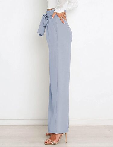 بنطلون نسائي كاجوال عالي الخصر وواسع الساق وطويل بالازو بنطلون عمل مع حزام in Kuwait