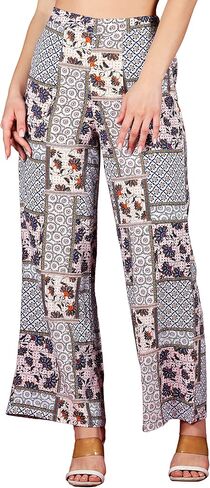 Rhysley Women's Dressy Casual Palazzo Pants: Multi Patch Print, Rayon, Straight Regular Fit with Elasticated Waist in Saudi Arabia