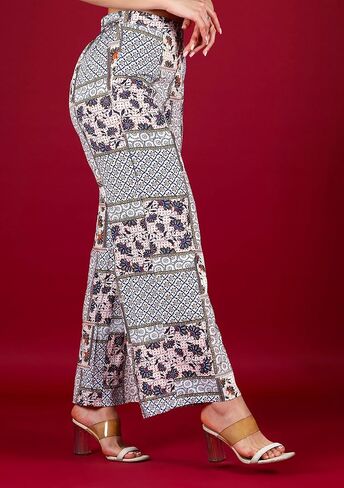 Rhysley Women's Dressy Casual Palazzo Pants: Multi Patch Print, Rayon, Straight Regular Fit with Elasticated Waist in Saudi Arabia