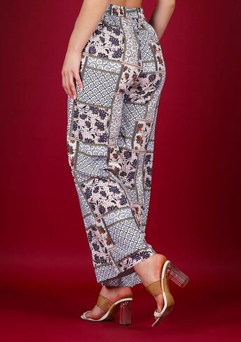 Rhysley Women's Dressy Casual Palazzo Pants: Multi Patch Print, Rayon, Straight Regular Fit with Elasticated Waist in Saudi Arabia
