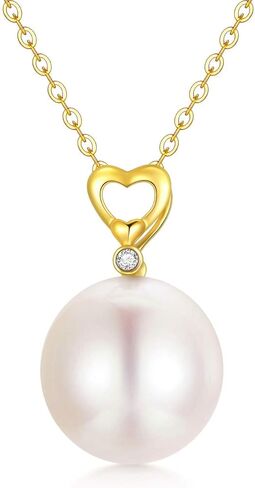 14K Solid Gold Pearl Necklace, Dainty AAA Quality Pearl Heart Pendant Valentine's Day Love Jewelry Present for Women, Wife, Mother, 16"-18" in Saudi Arabia