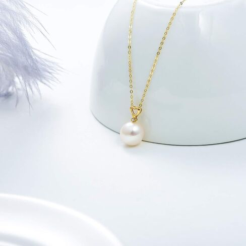 14K Solid Gold Pearl Necklace, Dainty AAA Quality Pearl Heart Pendant Valentine's Day Love Jewelry Present for Women, Wife, Mother, 16"-18" in Saudi Arabia