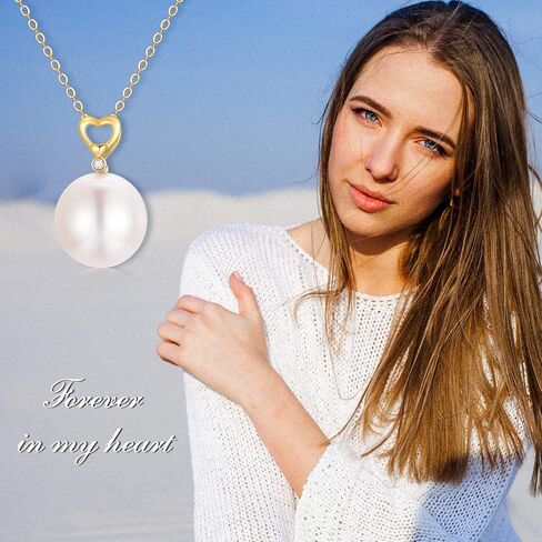14K Solid Gold Pearl Necklace, Dainty AAA Quality Pearl Heart Pendant Valentine's Day Love Jewelry Present for Women, Wife, Mother, 16"-18" in Saudi Arabia