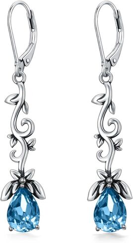 925 Sterling Silver Vintage Oxidized Branches Dangle Drop Leverback Earrings with 8 * 6mm Simulated Birthstone Crystal, Christmas Earrings Gifts for Women in Saudi Arabia