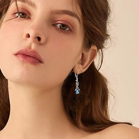 925 Sterling Silver Vintage Oxidized Branches Dangle Drop Leverback Earrings with 8 * 6mm Simulated Birthstone Crystal, Christmas Earrings Gifts for Women in Saudi Arabia