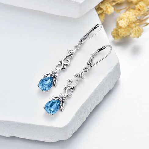 925 Sterling Silver Vintage Oxidized Branches Dangle Drop Leverback Earrings with 8 * 6mm Simulated Birthstone Crystal, Christmas Earrings Gifts for Women in Saudi Arabia