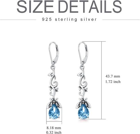 925 Sterling Silver Vintage Oxidized Branches Dangle Drop Leverback Earrings with 8 * 6mm Simulated Birthstone Crystal, Christmas Earrings Gifts for Women in Saudi Arabia