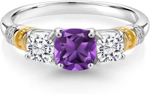 925 Silver and 10K Yellow Gold Purple Amethyst and White Moissanite and Diamond 3-Stone Ring For Women (1.64 Cttw, Gemstone February Birthstone, Cushion 6MM and 4MM, Available in Size 5,6,7,8,9) in Saudi Arabia