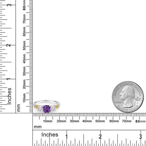 925 Silver and 10K Yellow Gold Purple Amethyst and White Moissanite and Diamond 3-Stone Ring For Women (1.64 Cttw, Gemstone February Birthstone, Cushion 6MM and 4MM, Available in Size 5,6,7,8,9) in Saudi Arabia