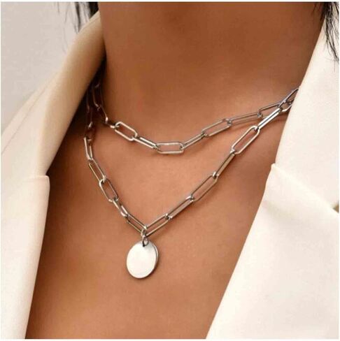 Boho Layered Disc Necklace Gold Paperclip Chain Choker Necklace Vintage Coin Pendant Necklace Punk Chunky Chain Necklace Jewelry for Women and Girls in Saudi Arabia