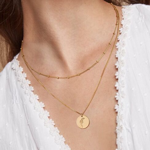WEARON Birth Flower Necklace 18K Gold Plated Dainty Birth Month Flower Layered Pendant Necklace Bead Choker Necklace for Women in Saudi Arabia