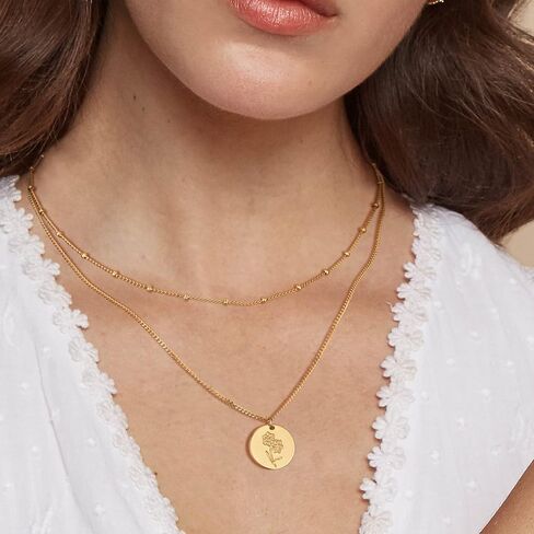 WEARON Birth Flower Necklace 18K Gold Plated Dainty Birth Month Flower Layered Pendant Necklace Bead Choker Necklace for Women in Saudi Arabia