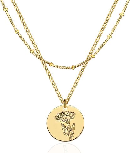 WEARON Birth Flower Necklace 18K Gold Plated Dainty Birth Month Flower Layered Pendant Necklace Bead Choker Necklace for Women in Saudi Arabia