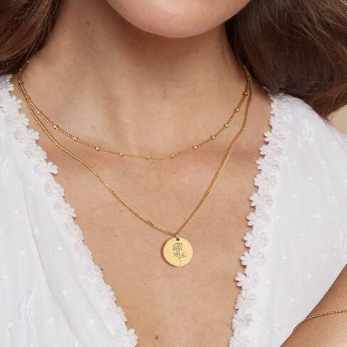 WEARON Birth Flower Necklace 18K Gold Plated Dainty Birth Month Flower Layered Pendant Necklace Bead Choker Necklace for Women in Saudi Arabia