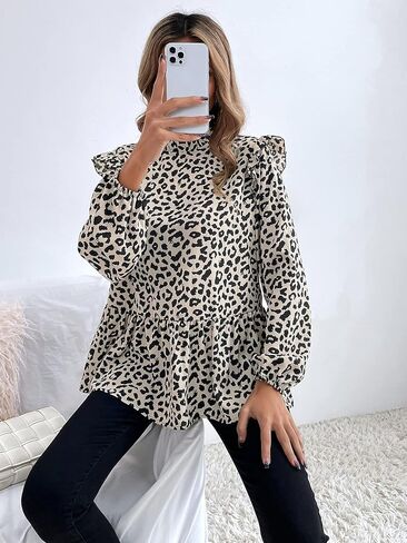 بلوزة نسائية من COZYEASE بطباعة الفهد وحاشية مكشكشة وبلوزة بيبلوم واسعة وقميص كاجوال برقبة مكشكشة in Saudi Arabia