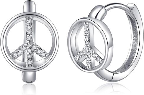 EXRANQO Peace Sign Earrings 925 Sterling Silver Peace Huggie Hoop Earrings Peace Sign Jewelry Gifts for Women Girls, Sterling Silver, Cubic Zirconia in Kuwait