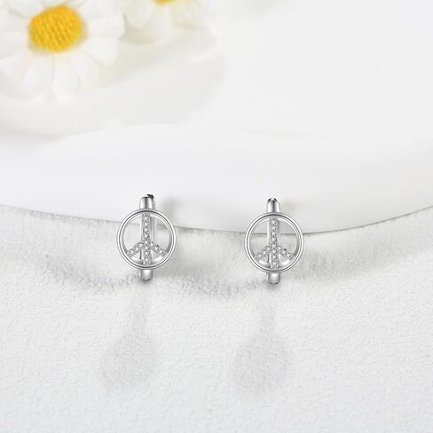 EXRANQO Peace Sign Earrings 925 Sterling Silver Peace Huggie Hoop Earrings Peace Sign Jewelry Gifts for Women Girls, Sterling Silver, Cubic Zirconia in Kuwait