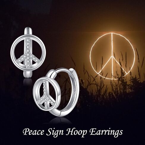 EXRANQO Peace Sign Earrings 925 Sterling Silver Peace Huggie Hoop Earrings Peace Sign Jewelry Gifts for Women Girls, Sterling Silver, Cubic Zirconia in Kuwait