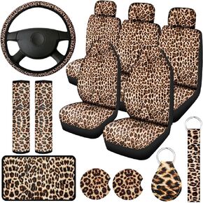 13 Pieces Leopard Print Car Seat Covers Full Set, Leopard Car Accessories Set, Leopard Seat Covers Steering Wheel Cover, Car Pads Armrest Pad Cover Seat Belt Pads and Keychain Wrist Holder