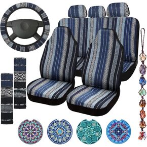 14 Pcs Baja Car Seat Covers Full Set Multicolor Blue Saddle Blanket Striped Boho Car Seat Covers Steering Wheel Cover Seat Belt Pads Cover Crystal Hanging Ornament Cup Mats Fit for Car Sedan Van