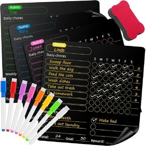 Magnetic Chore Chart for Kids, 4 Pcs Dry Erase Behavior Charts and 6 Colored Markers with Eraser Caps with 1 Eraser, Reward Chart for Multiple Kids Teens Adults Family, Chores Chart for Kids (Black)
