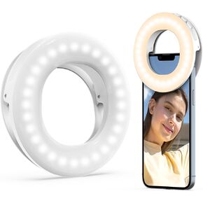 Clip on Ring Light, Rechargeable Selfie Fill Light, Portable Selfie Ring Light with 3 Adjustable Light Modes, Video Conference Light for iPhone, Laptop, iPad, Zoom Meeting, Make up, Video