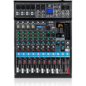 12 Channel Audio Mixer Professional Bluetooth DJ Mixer USB Interface Sound Board Mixer Console Digital MP3 Computer Input 48V Phantom Power Stereo DJ Studio Streaming 24-Bit SPX Effects
