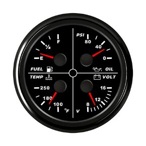 ELING Universal 85mm 4 in 1 Multi-Function Gauge Oil Pressure 0-80Psi Fuel Level 0-190ohm 100-250℉ Water Temp 8-16V Voltmeter with Red Backlight (Black+Black)