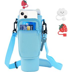 GUTAROR Water Bottle Carrier Bag Compatible with Stanley 30 40oz Tumbler with Handle, Water Bottle Holder with Adjustable Shoulder Strap 2 Straw Covers for Hiking Travelling Camping (Rose Quartz)