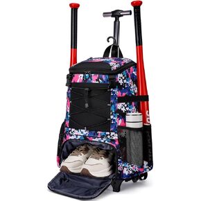 Softball Bag, Baseball Rolling Bat Bag - Wheeled for Youth Girls Adult, Lightweight Baseball Equipment Backpack with Shoe Compartment, Bat Backpack with Fence Hook for TBall Bat, Helmet