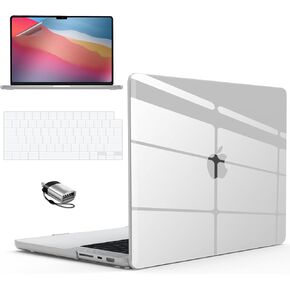حافظة IBenzer لجهاز MacBook Pro 14 بوصة 2024 2023 M3 A2918 A2992 M2 A2779 M1 A2442 Pro/Max، حافظة صلبة وغطاء لوحة مفاتيح وفيلم شاشة ونوع C لجهاز Mac Pro 14 (2024-2021)، شفاف كريستالي، T14CYCL+2TC