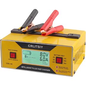 CRLITSIY Car Battery Charger Smart Trickle Charger, 6V/8V/12V/14V/16V/24V 0-10Amp LCD Battery Charger for Car Motorcycle Boat Golf cart with Alligator Clips,8 Volt