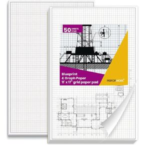 2 Pack of Grid Paper Pads, 50 Sheets per Pad 11" x 17" Graph Paper Glue Top Binding Double Sided 4x4 Quadrille White Paper for Engineering Or Technical Drawings, Blueprint, Drafting