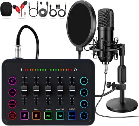Podcast Equipment Bundle, 48V Condenser Microphone Bundle with F9 Sound Card, Podcast Microphone Recording Studio Package for Podcasting Live Streaming Singing PC Mobile TikTok YouTube in Kuwait