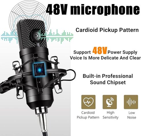 Podcast Equipment Bundle, 48V Condenser Microphone Bundle with F9 Sound Card, Podcast Microphone Recording Studio Package for Podcasting Live Streaming Singing PC Mobile TikTok YouTube in Kuwait