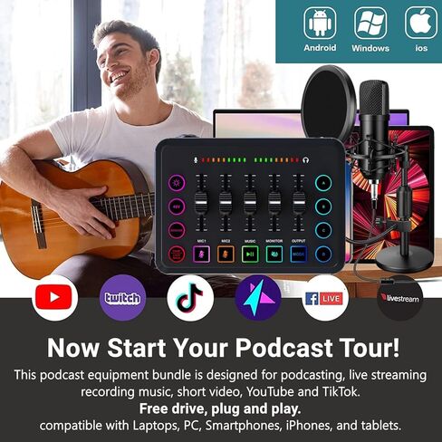 Podcast Equipment Bundle, 48V Condenser Microphone Bundle with F9 Sound Card, Podcast Microphone Recording Studio Package for Podcasting Live Streaming Singing PC Mobile TikTok YouTube in Kuwait