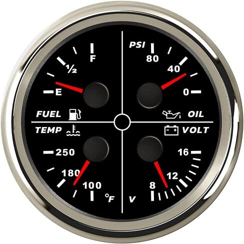 ELING Universal 85 مم 4 في 1 مقياس ضغط الزيت متعدد الوظائف 0-80 رطل لكل بوصة مربعة مستوى الوقود 0-190ohm 100-250 درجة فهرنهايت درجة حرارة الماء 8-16 فولت فولتميتر مع إضاءة خلفية حمراء (أسود + أسود) in Kuwait