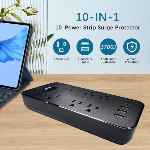Power Strip Surge Protector with 6 AC Outlets & 4 USB Ports (1USB C),6 Feet Extension Cord,Flat Plug,NANOLAKE 1700J Surge Protection, Compact, Mountable, Home,Dorm, Office,Black (Without Night Light) in Saudi Arabia